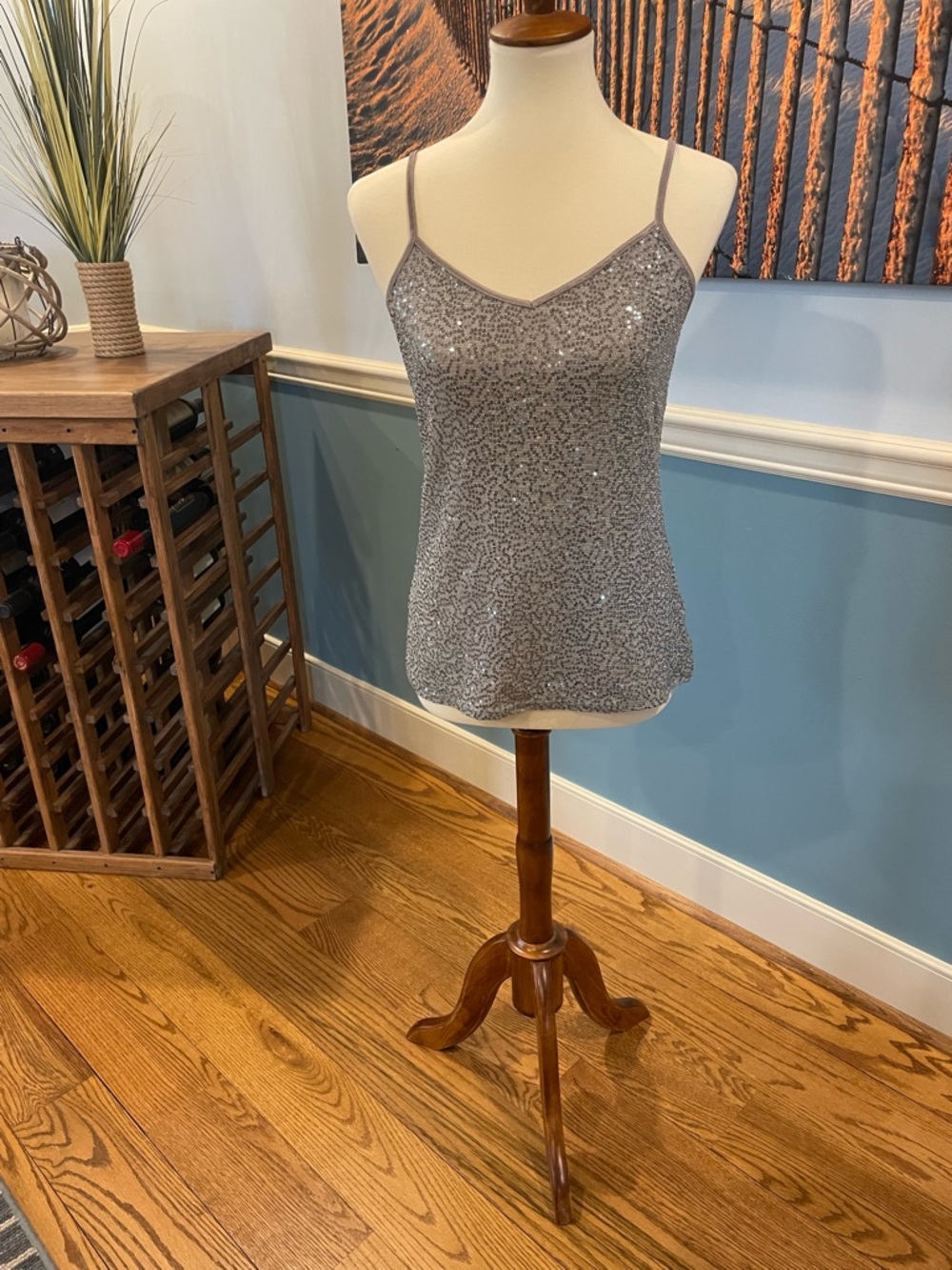 Express Women’s Silver Sequin Spaghetti Strap Tank Top